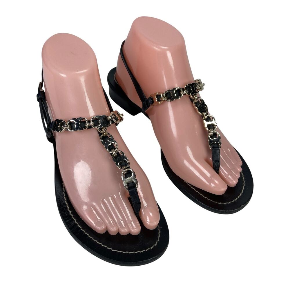 Tory Burch Gemini Link T Strap Sandal Black Leather Women's Size 7.5M